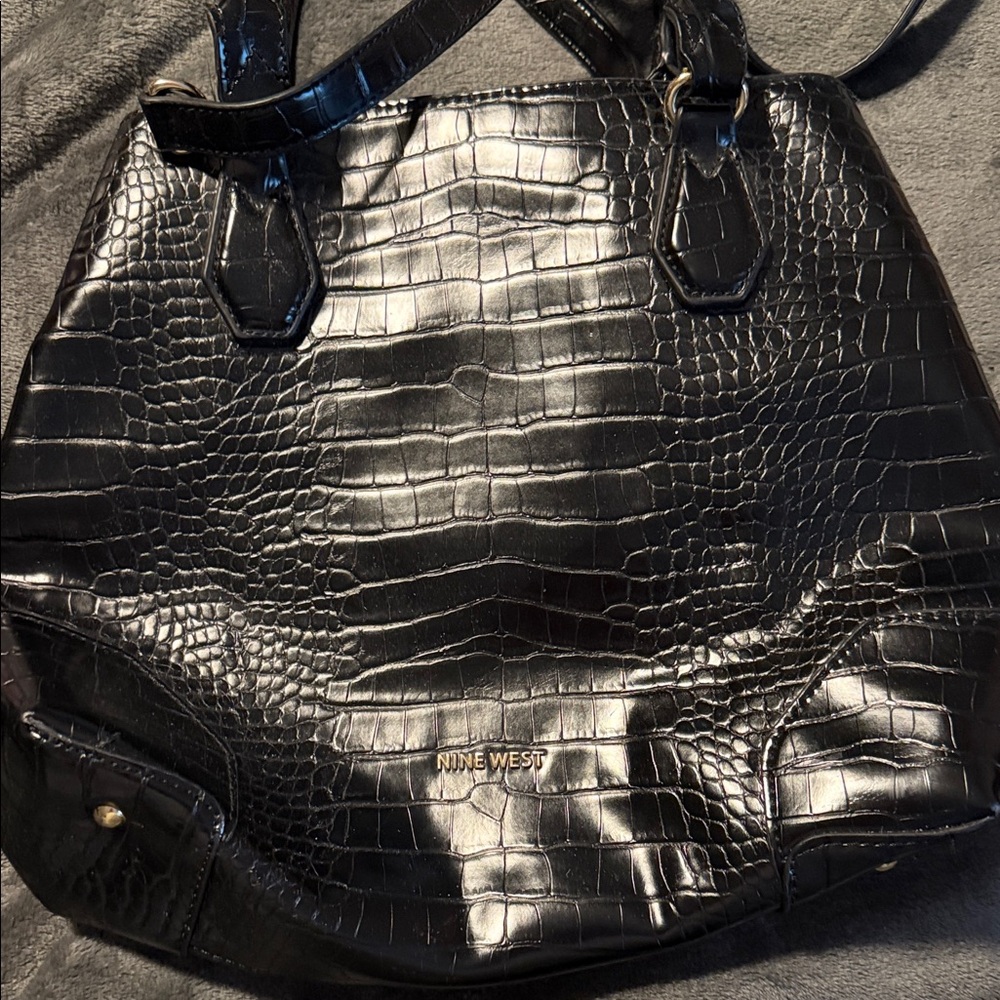Nine West Glossy Black Croc Tote
